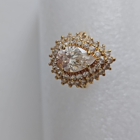 14KT HGE Pear Shape CZ Large Center Stone Heavy Gold Electroplating Coctail Ring - Picture 2 of 8